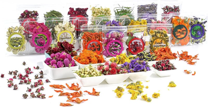 Orangift Natural Dried Fruit and Flower Kit for DIY Crafts - 25 Bags, Ideal for Soap Making, Candle Making, Resin Jewelry, Bath Bombs, and Nail Art - Includes Rose Petals, Rosebuds, Lilium, Jasmine, and More - Image 1
